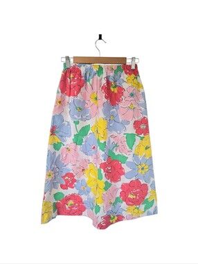 Vintage 70's Retro Large Floral Print Midi A- Line Skirt S/M